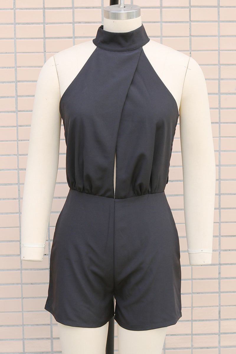 Mono informal de color liso con espalda descubierta y cremallera, cuello alto (4 colores)