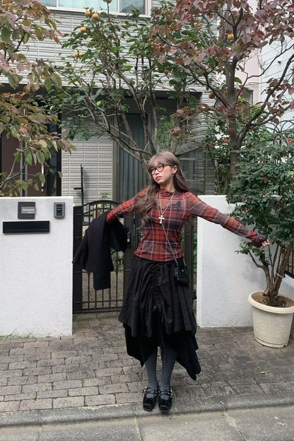 Plaid Mesh Slim Long-sleeve Y2k Knit Top