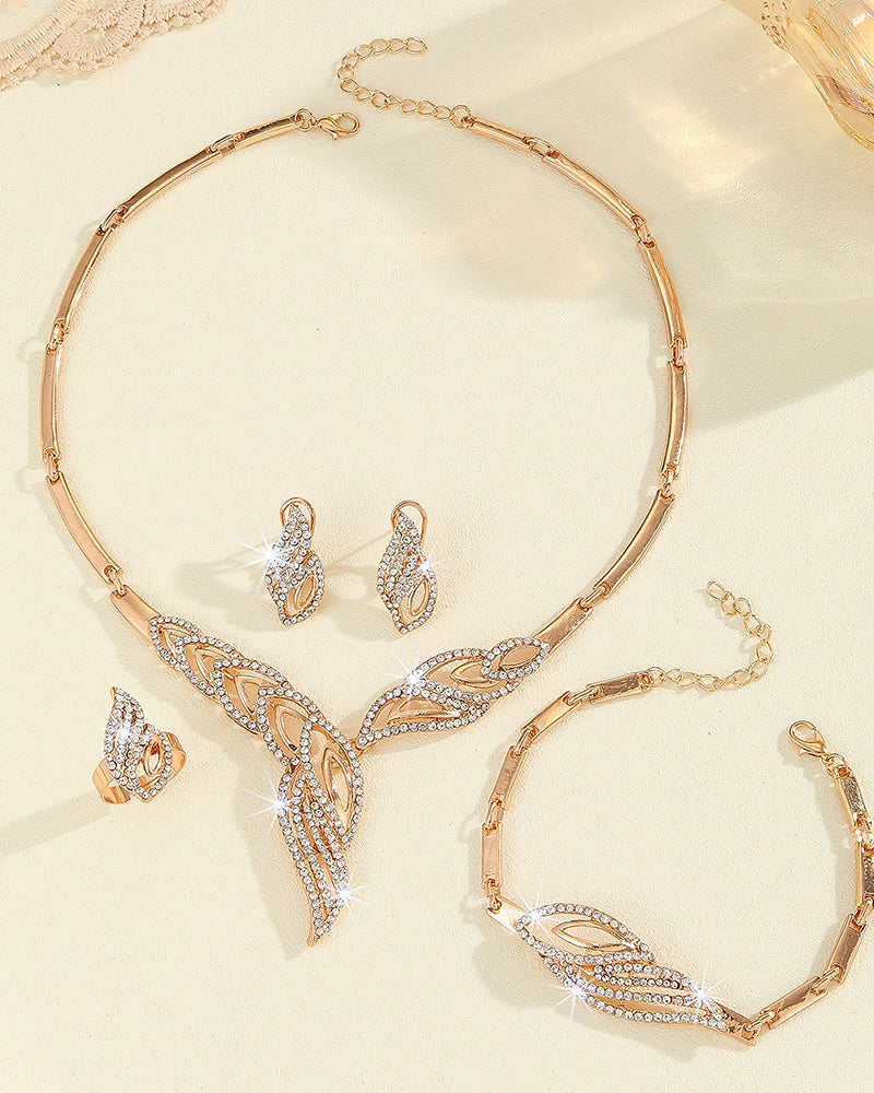 Diamond-Encrusted Golden Leaf Jewellery Four-Piece