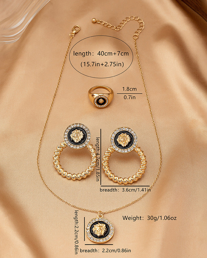 Lion Head Diamond Pendant Necklace Earrings Ring Set