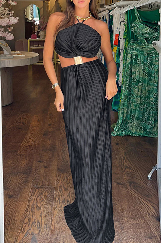 Vestidos largos con cuello halter, fruncidos, espalda descubierta y retazos de color liso con aberturas laterales (3 colores)