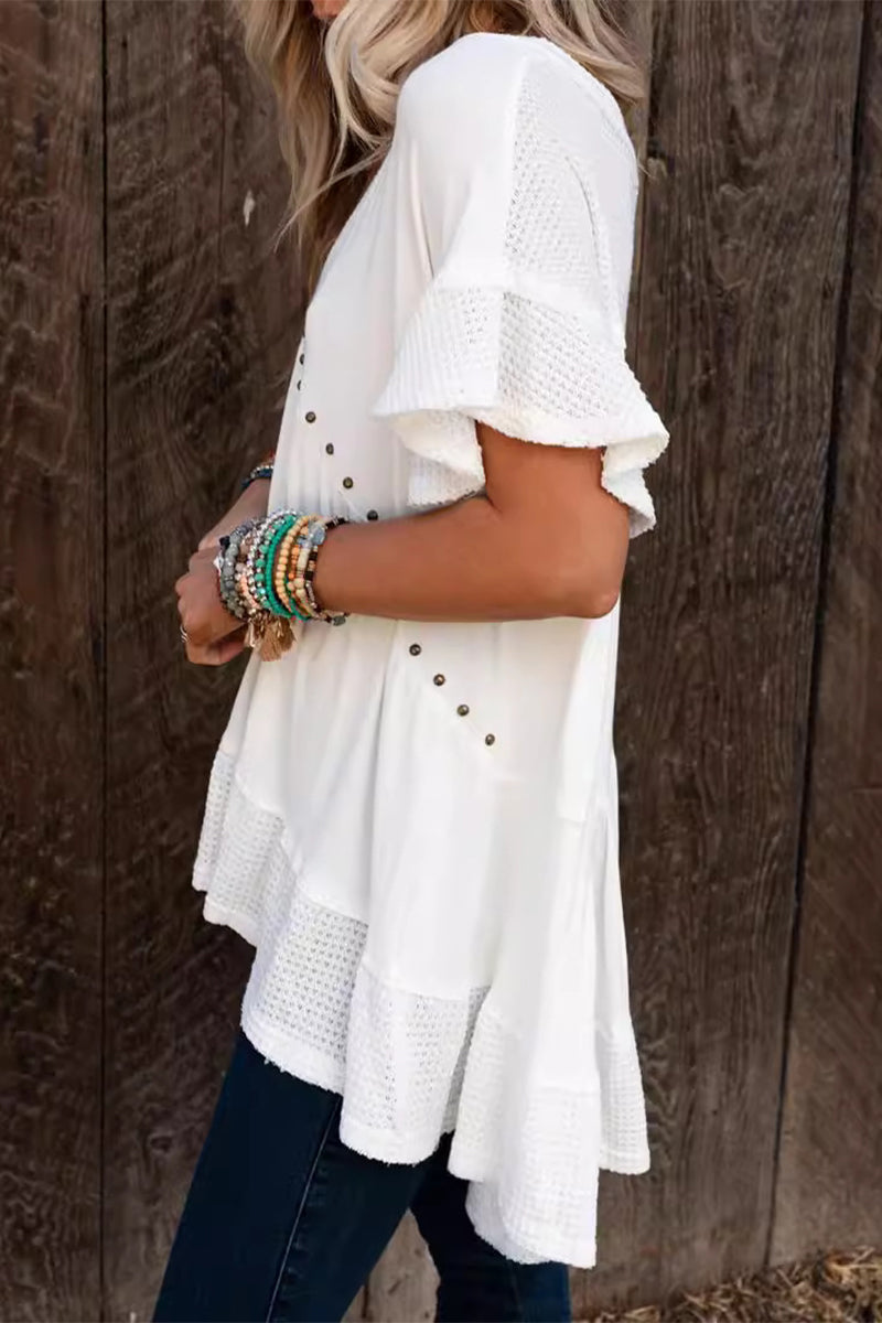 Camisetas casuales de cuello en V con cuentas de color sólido