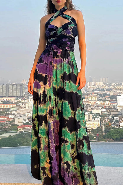 Sexy Tie Dye Print Cross Straps Contrast V Neck Sleeveless Dresses£¨A variety of binding methods£©(3 Colors)