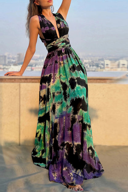 Sexy Tie Dye Print Cross Straps Contrast V Neck Sleeveless Dresses£¨A variety of binding methods£©(3 Colors)