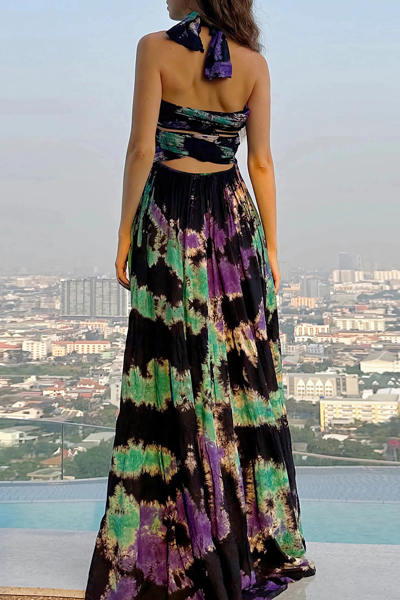 Sexy Tie Dye Print Cross Straps Contrast V Neck Sleeveless Dresses£¨A variety of binding methods£©(3 Colors)