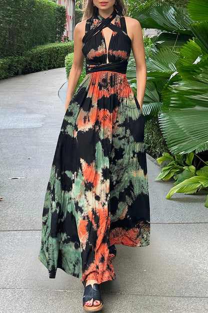 Sexy Tie Dye Print Cross Straps Contrast V Neck Sleeveless Dresses£¨A variety of binding methods£©(3 Colors)