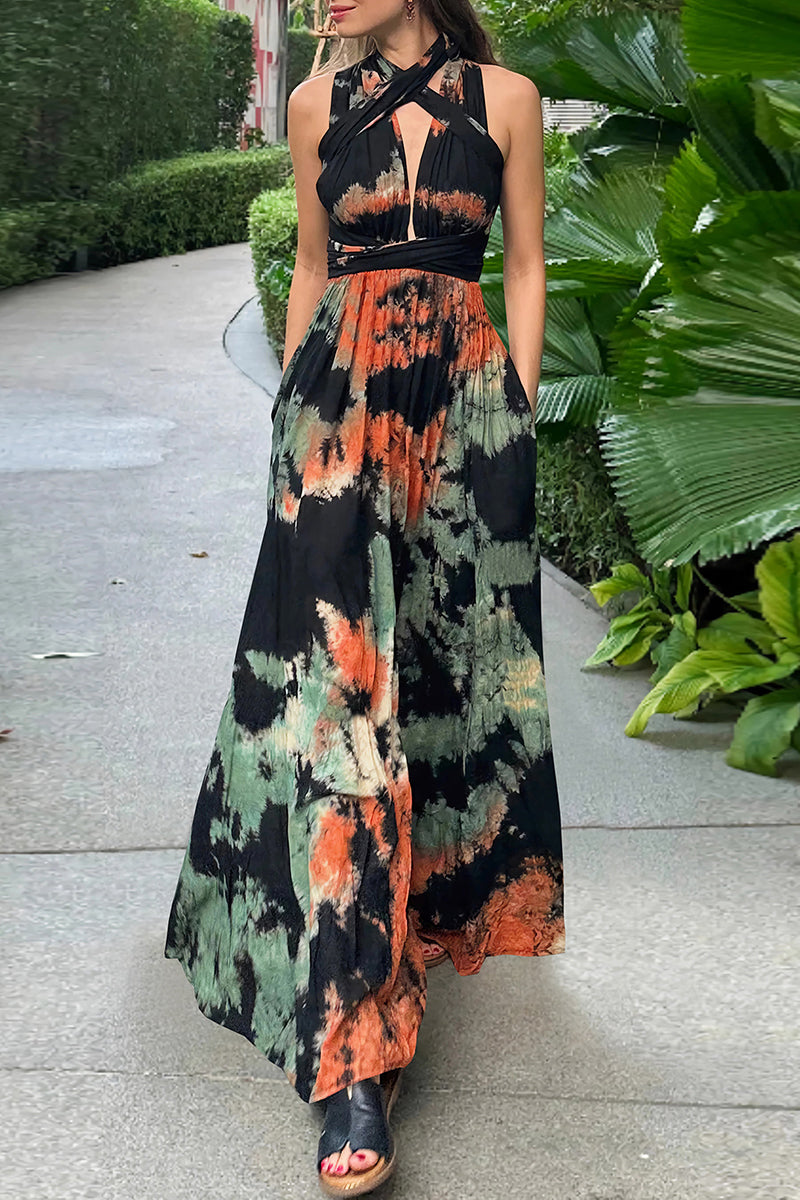 Sexy Tie Dye Print Cross Straps Contrast V Neck Sleeveless Dresses£¨A variety of binding methods£©(3 Colors)