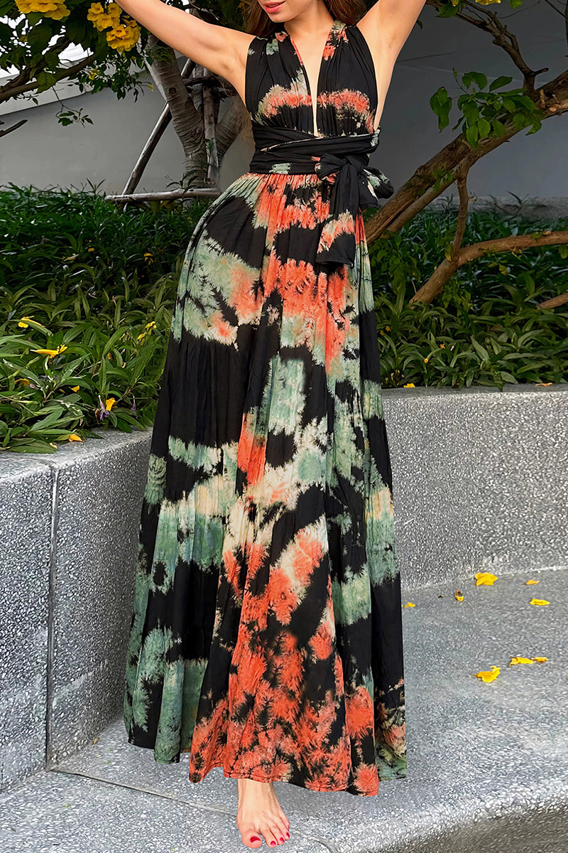 Sexy Tie Dye Print Cross Straps Contrast V Neck Sleeveless Dresses£¨A variety of binding methods£©(3 Colors)
