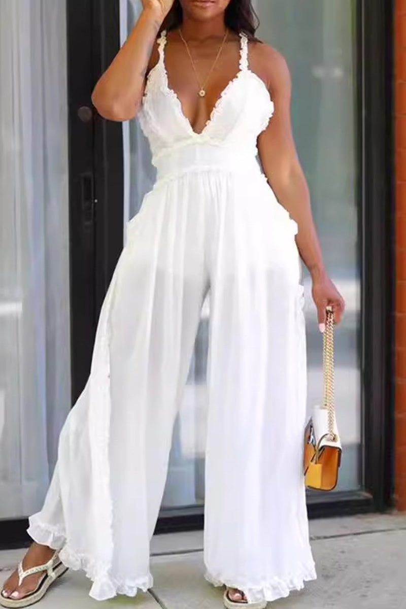 Monos holgados de celebridades con cuello en V, espalda descubierta y patchwork de color liso (3 colores)