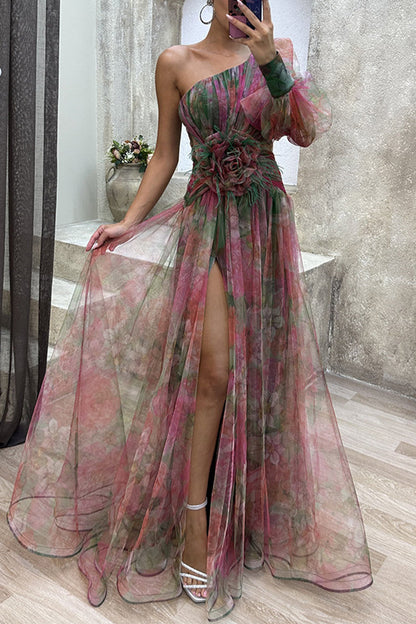 Elegant Floral Patchwork Oblique Collar Printed Dress Dresses(3 Colors)