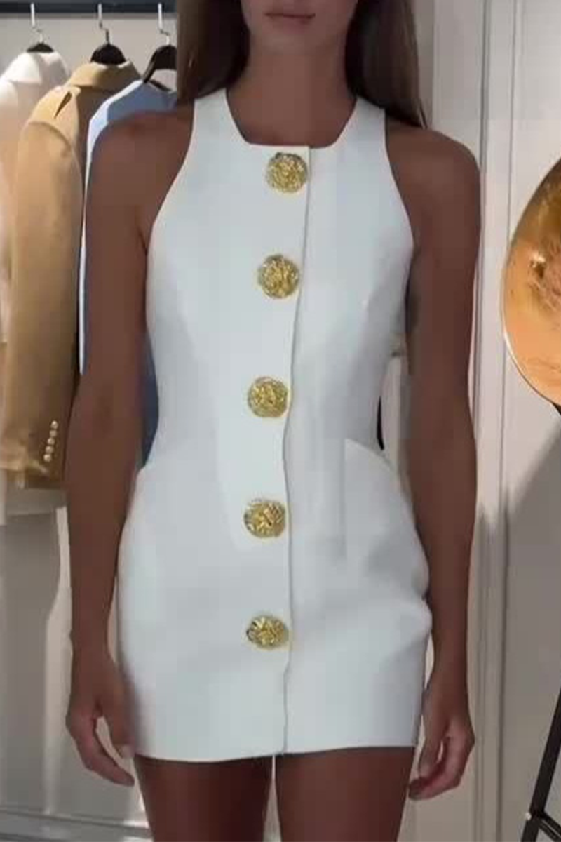 Vestidos de falda cruzada con cuello redondo y botones de colores lisos de celebridades diarias