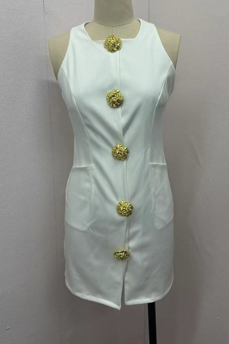 Vestidos de falda cruzada con cuello redondo y botones de colores lisos de celebridades diarias