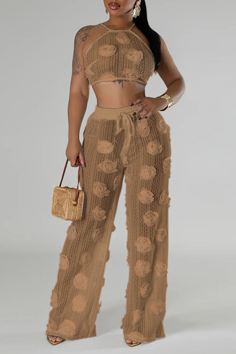 Traje de baño informal con estampado de flores y patchwork, transparente, sin espalda, con tirantes cruzados, diseño de tirantes, estilo halter, sin mangas, dos piezas