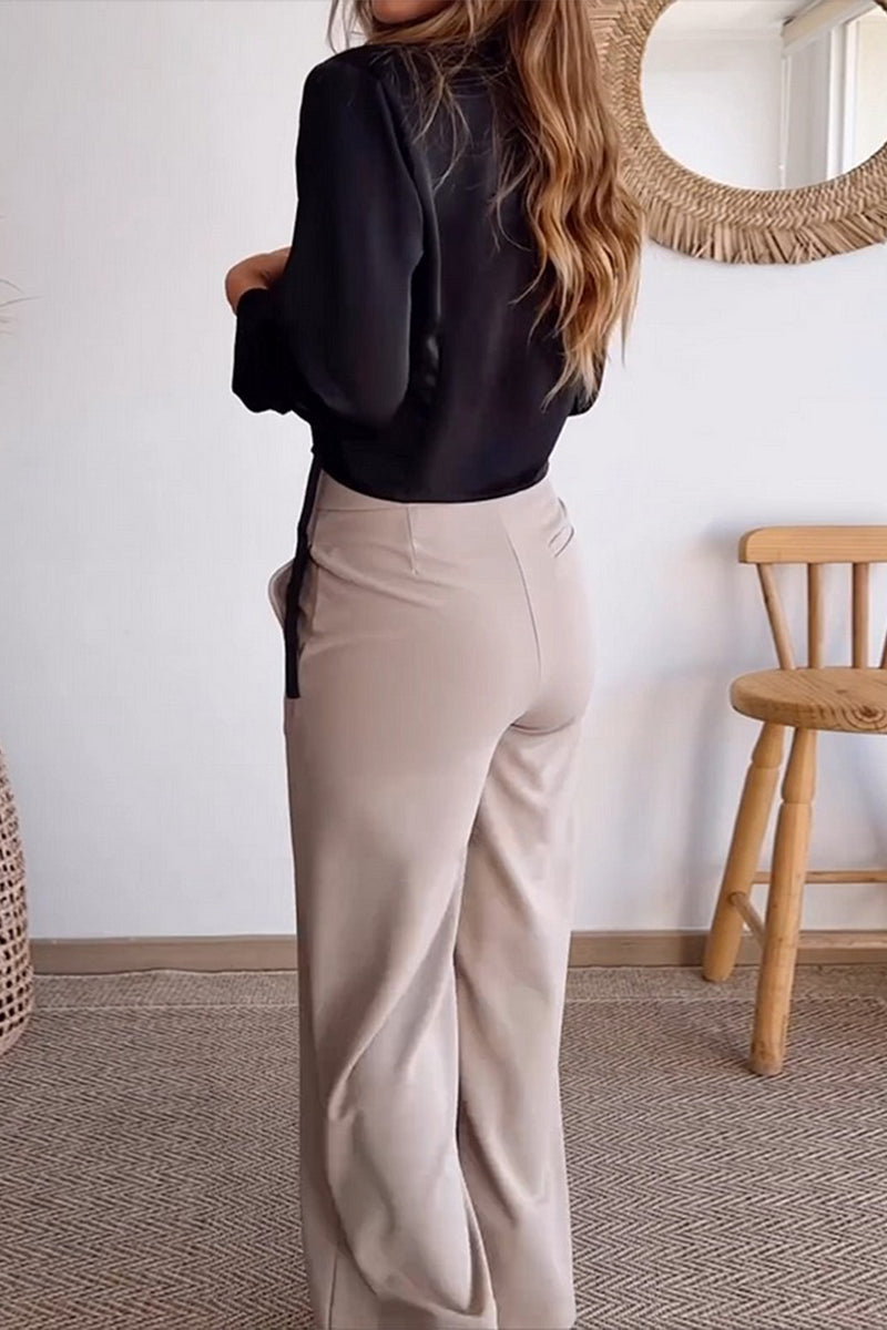Conjunto informal de dos piezas con cuello en V, manga larga, color liso, bolsillos y botones para uso diario.
