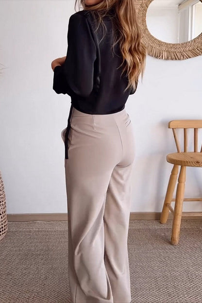 Conjunto informal de dos piezas con cuello en V, manga larga, color liso, bolsillos y botones para uso diario.