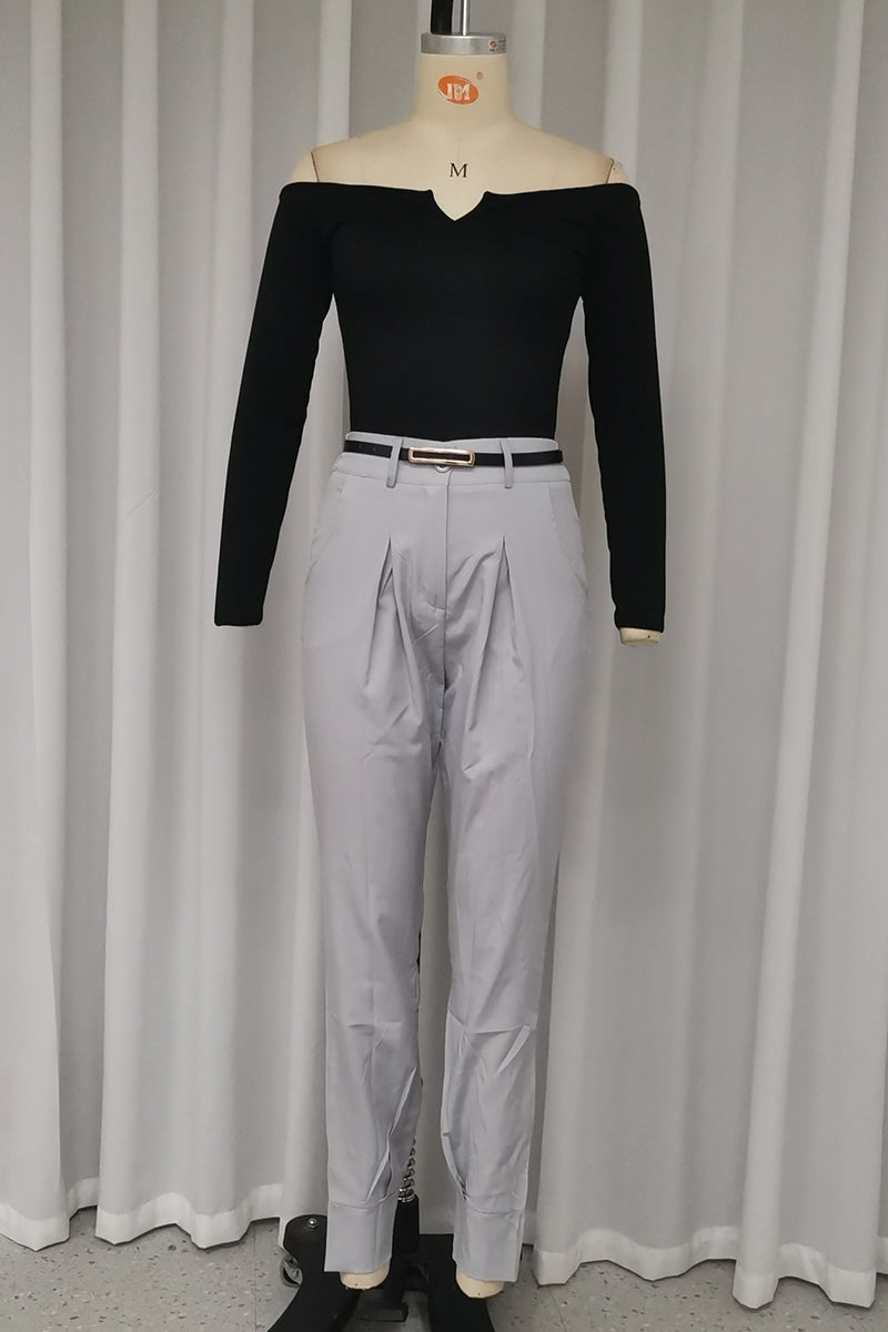 Conjunto informal de dos piezas con hombros descubiertos, manga larga y bolsillos de color liso para calle