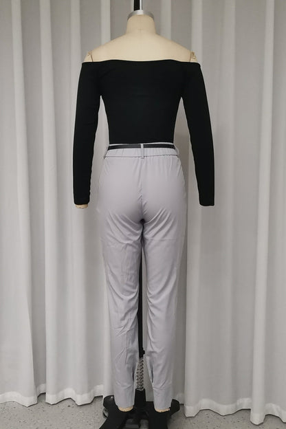 Conjunto informal de dos piezas con hombros descubiertos, manga larga y bolsillos de color liso para calle