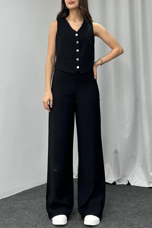 Casual Solid Color Buttons V Neck Sleeveless Two Pieces(4 Colors)