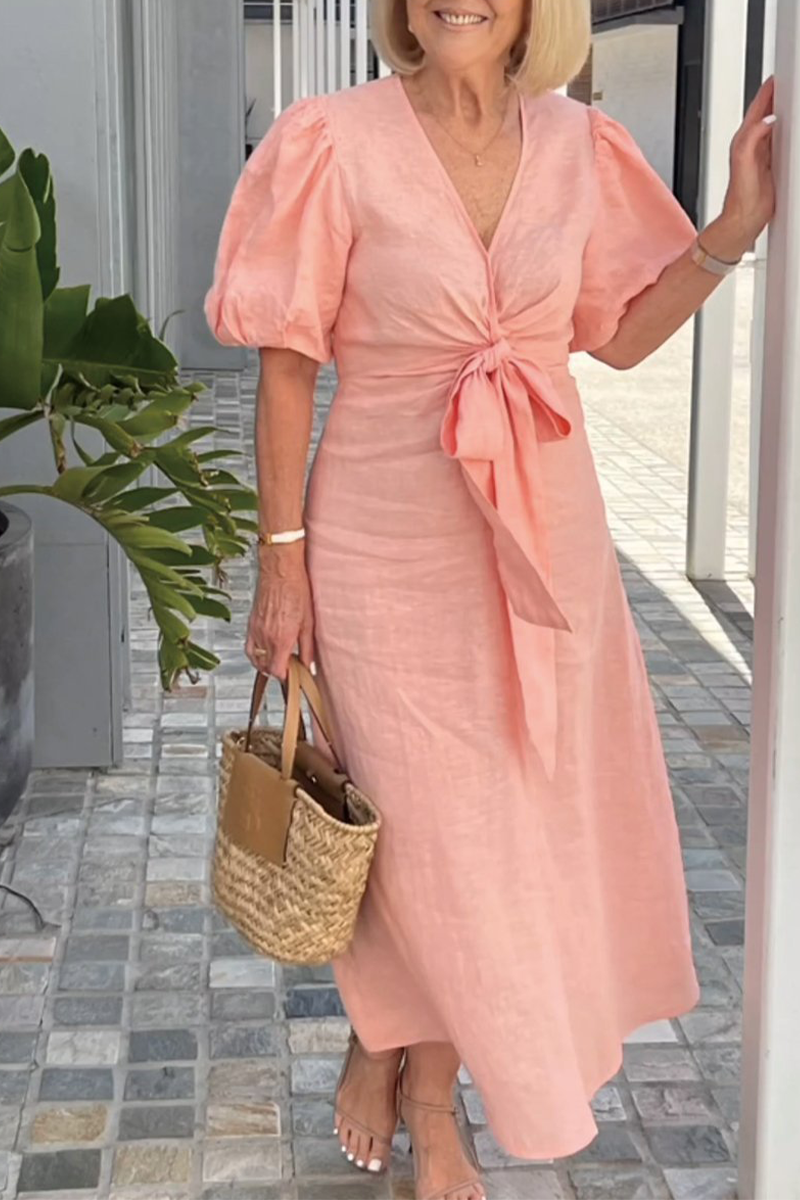 Vestido informal de diario con cuello en V, manga corta y cordones (7 colores)