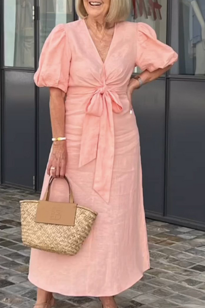 Vestido informal de diario con cuello en V, manga corta y cordones (7 colores)