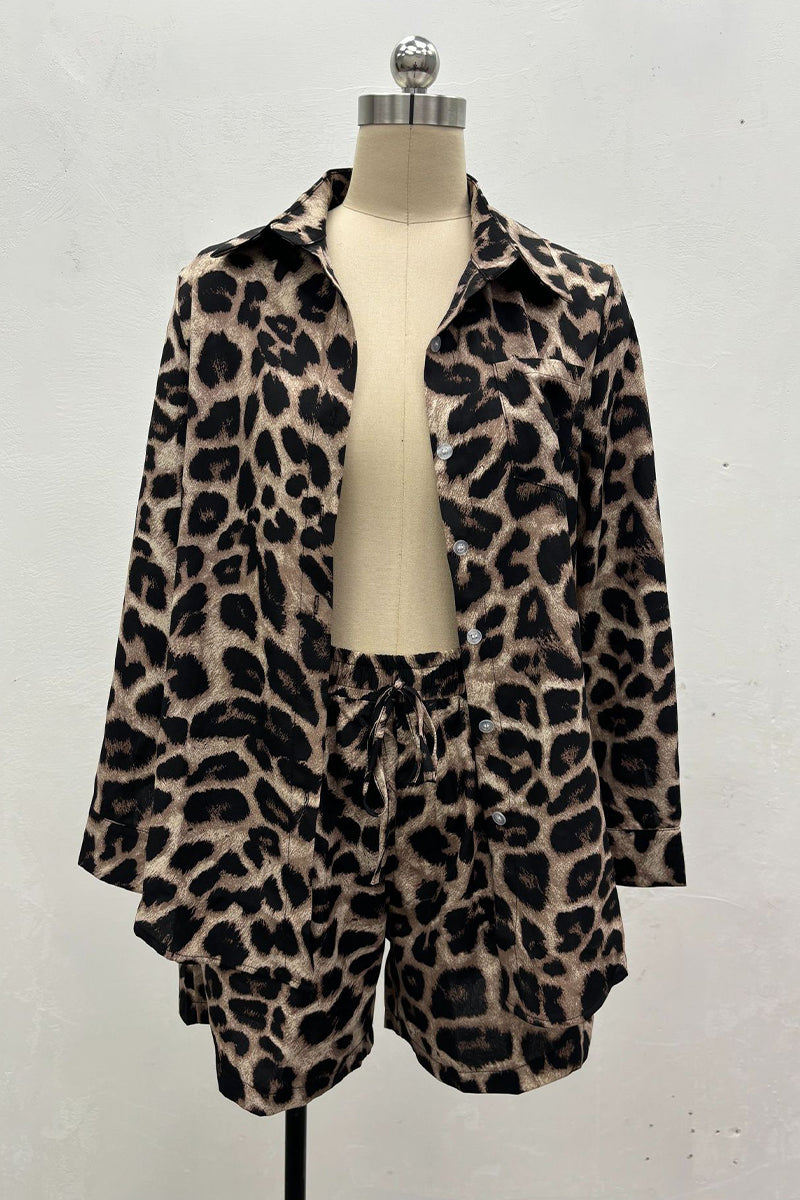 Conjunto informal de dos piezas con estampado de leopardo, bolsillo, cuello vuelto, manga larga