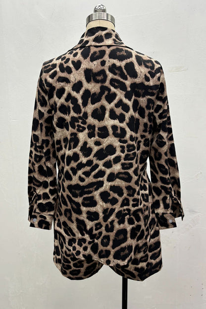 Conjunto informal de dos piezas con estampado de leopardo, bolsillo, cuello vuelto, manga larga