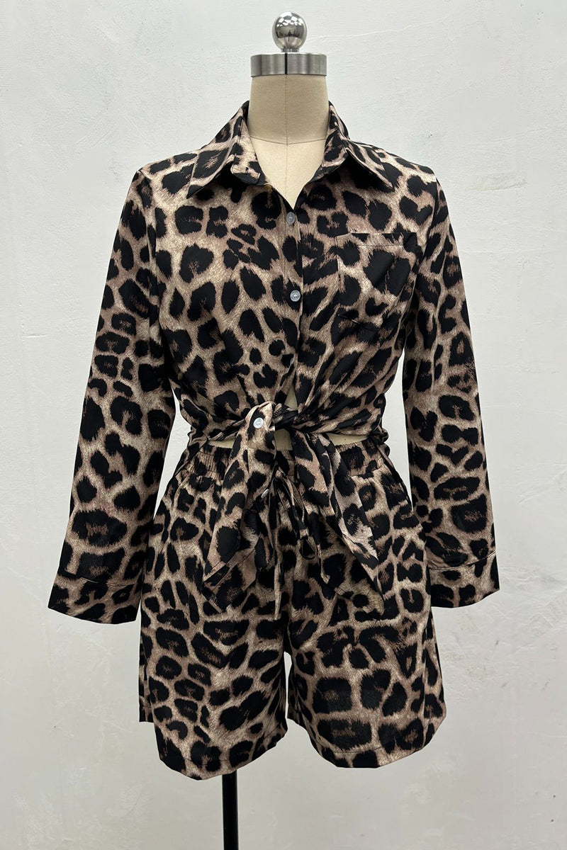 Conjunto informal de dos piezas con estampado de leopardo, bolsillo, cuello vuelto, manga larga