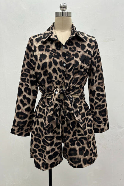 Conjunto informal de dos piezas con estampado de leopardo, bolsillo, cuello vuelto, manga larga