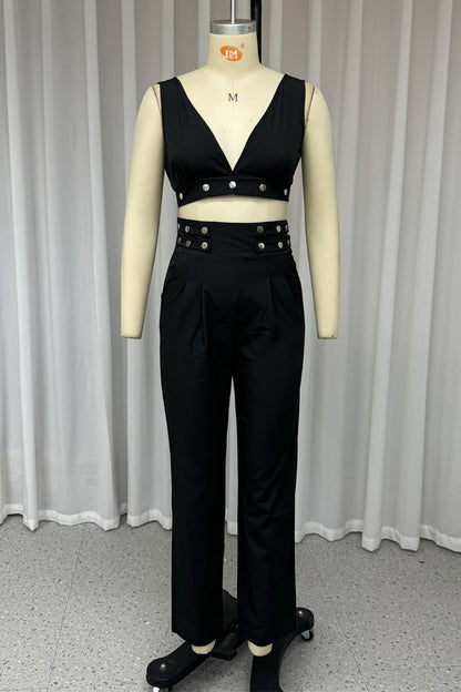Conjunto informal de dos piezas con cuello en V, sin mangas, color liso, bolsillos, botones y calle