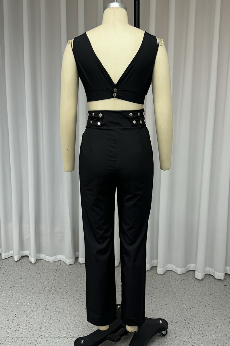 Conjunto informal de dos piezas con cuello en V, sin mangas, color liso, bolsillos, botones y calle