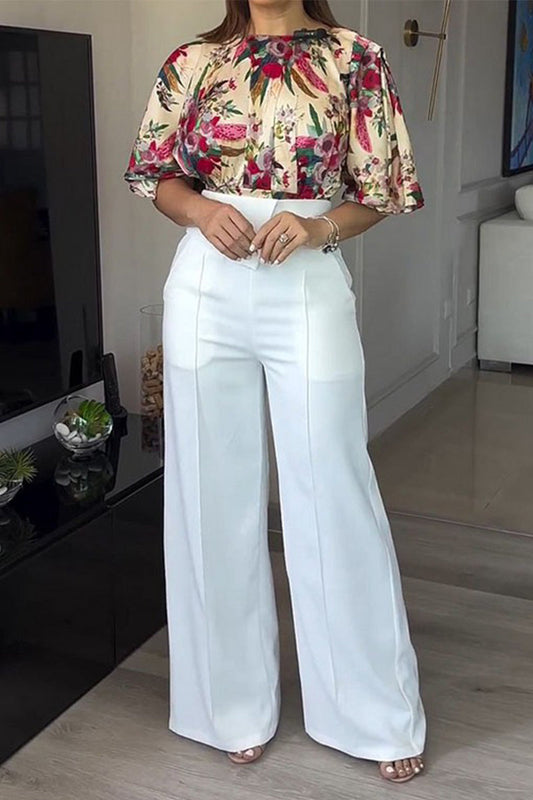 Elegante conjunto de dos piezas con estampado floral, bolsillo, cuello redondo y manga corta
