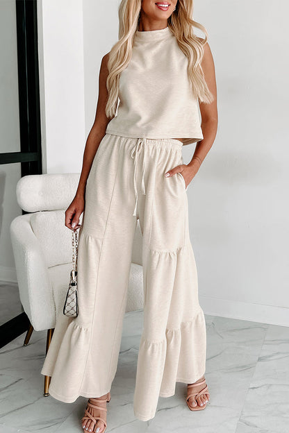 Conjunto informal de dos piezas con cuello alto, sin mangas, color sólido, con bolsillos y volantes