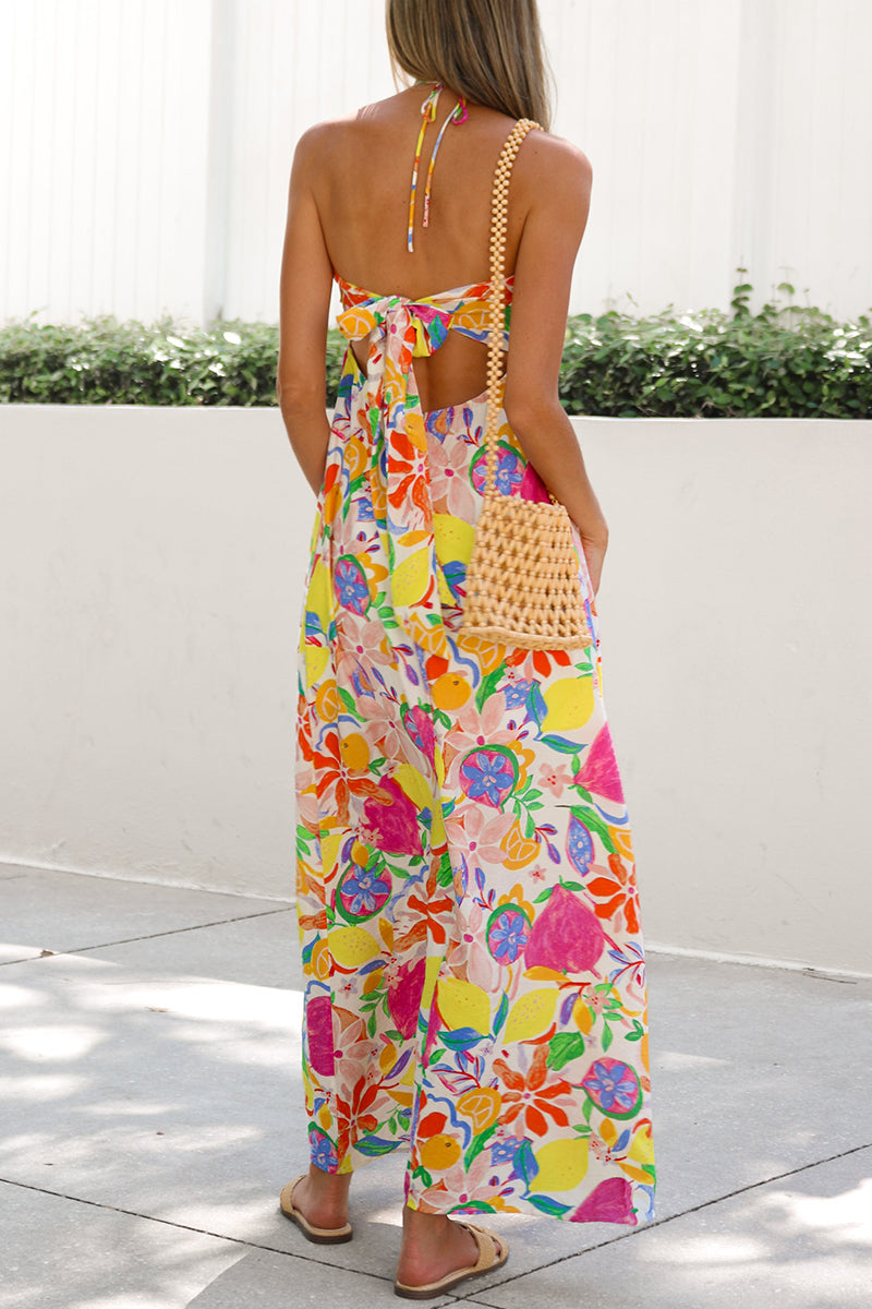 Vestidos elegantes de vacaciones con estampado de frutas, con cordones, espalda descubierta y cuello halter.