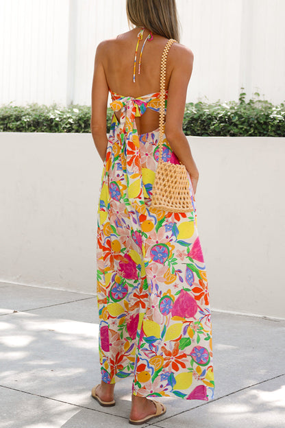 Vestidos elegantes de vacaciones con estampado de frutas, con cordones, espalda descubierta y cuello halter.