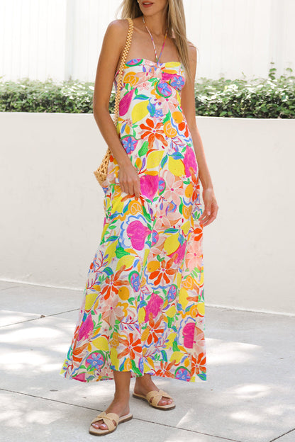Vestidos elegantes de vacaciones con estampado de frutas, con cordones, espalda descubierta y cuello halter.