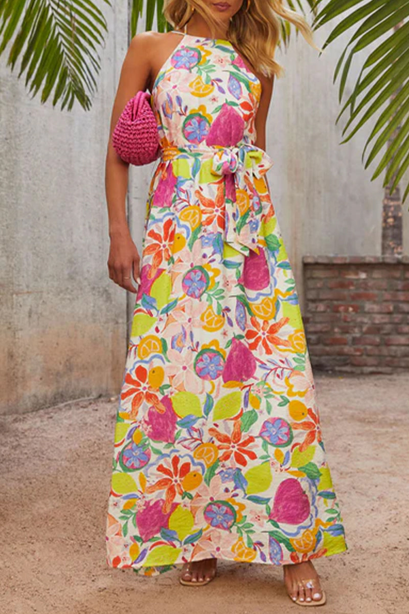 Vestidos elegantes de vacaciones con estampado de frutas, con cordones, espalda descubierta y cuello halter.