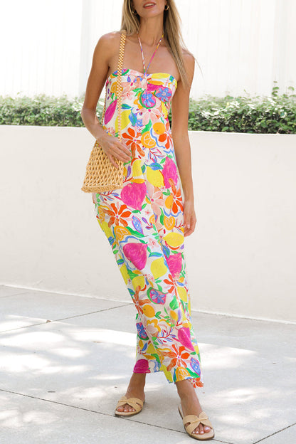 Vestidos elegantes de vacaciones con estampado de frutas, con cordones, espalda descubierta y cuello halter.