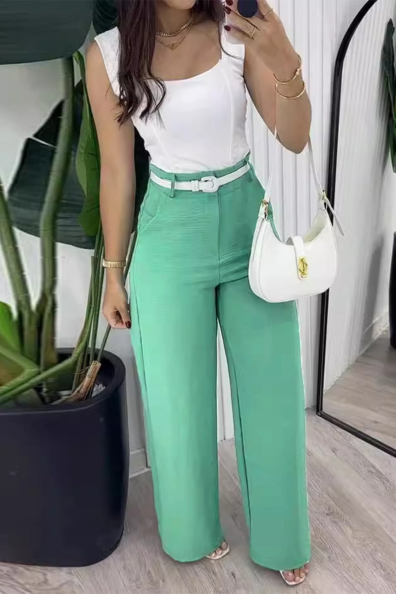 Conjunto informal de dos piezas con cuello cuadrado, sin mangas, color liso, con cordones, espalda descubierta y sin cinturón