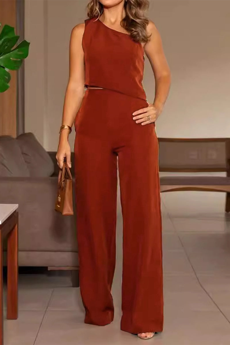 Conjunto de dos piezas sin mangas con cuello oblicuo irregular y bolsillos de color liso para uso diario en la calle
