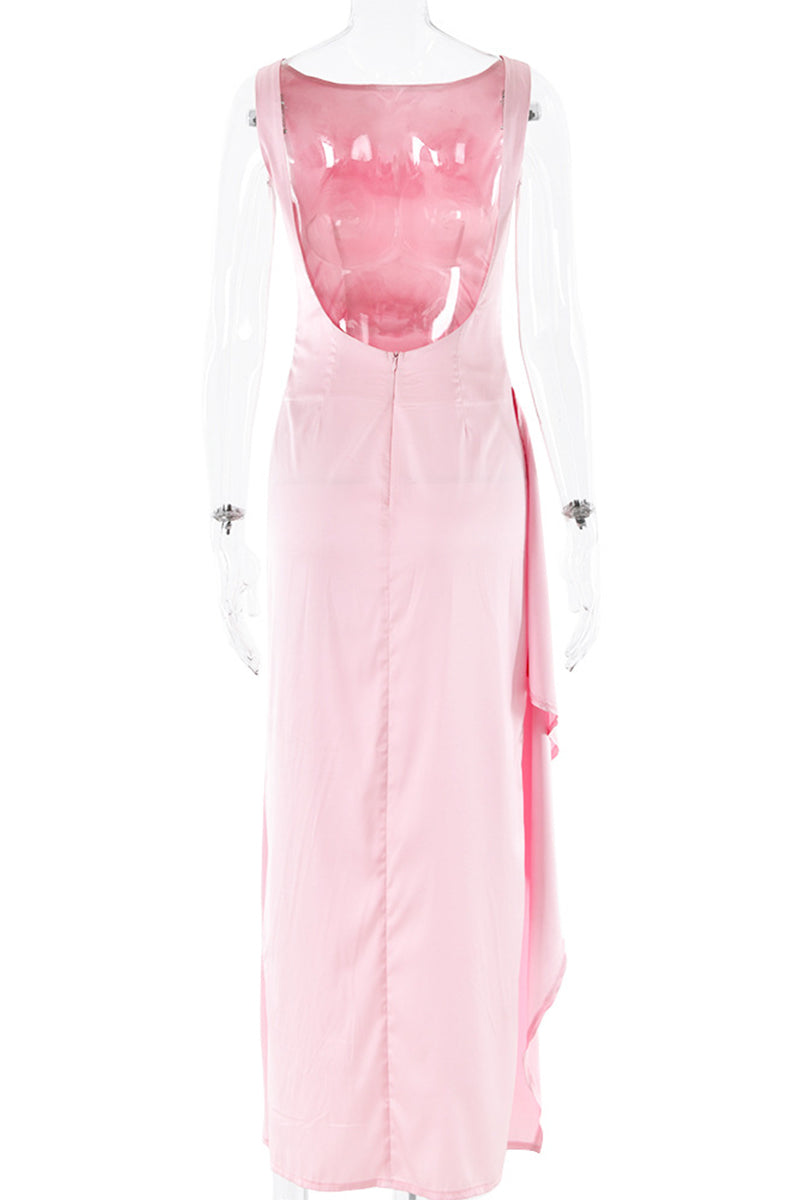 Vestidos de noche sexys de color liso con espalda descubierta y volantes fruncidos con cuello redondo (3 colores)