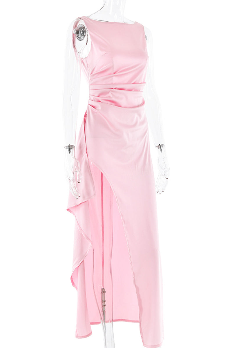 Vestidos de noche sexys de color liso con espalda descubierta y volantes fruncidos con cuello redondo (3 colores)