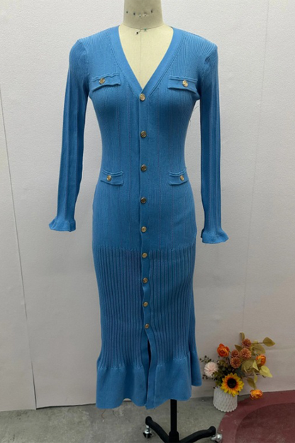 Elegante vestido de corte A con escote en V y hebilla de color liso