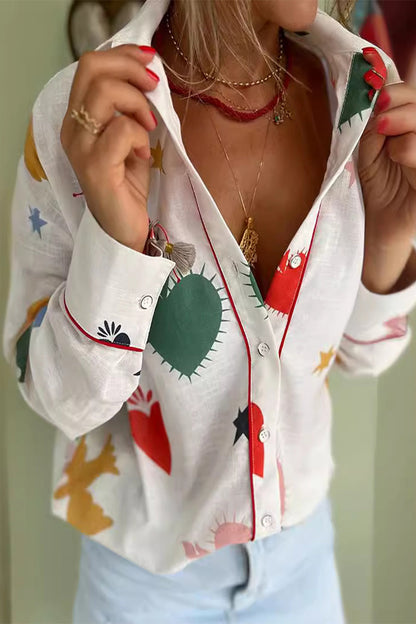 Blusas casuales de cuello vuelto con botones y estampado de grafiti para uso diario