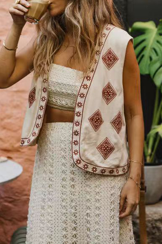 Chalecos casuales con cuello tipo cárdigan, bordados y patchwork con bloques de color