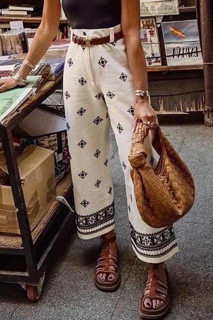 Pantalones casuales con estampado de bloques de color, bolsillos, sueltos, de cintura alta, rectos y estampado completo