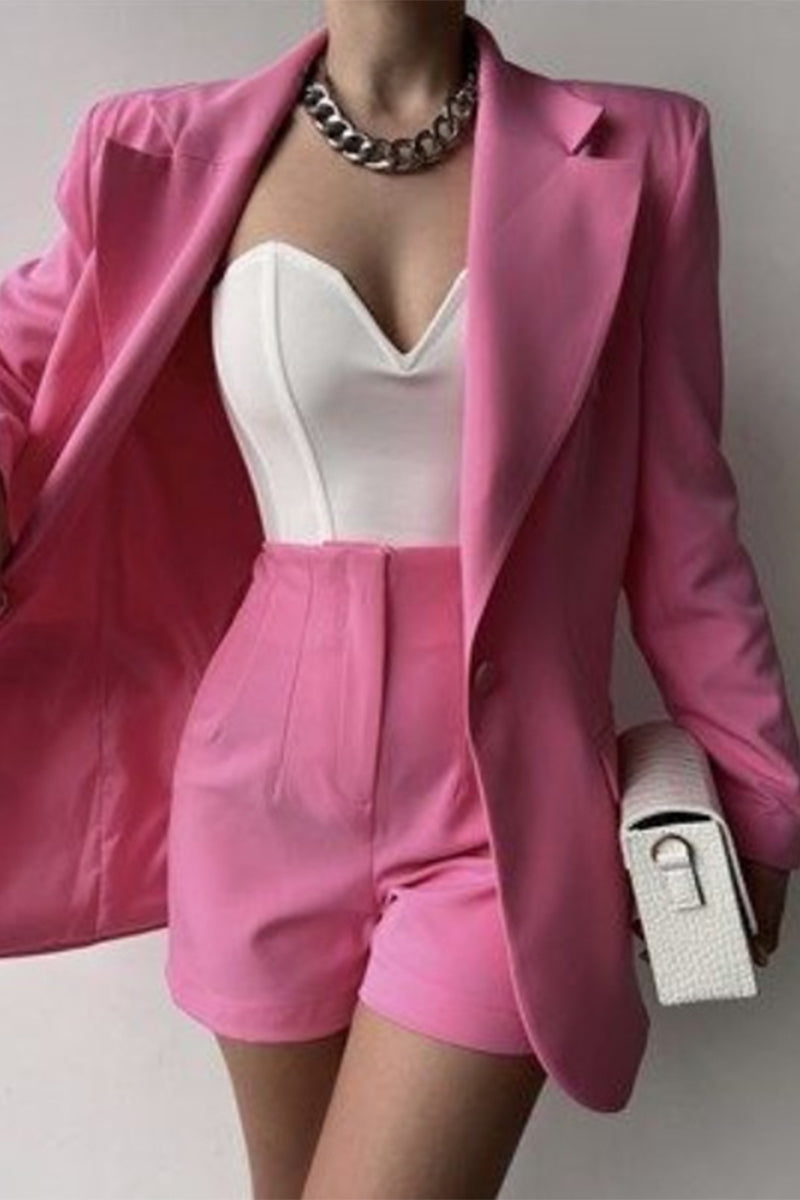 Conjunto informal de dos piezas con botones, cuello vuelto, manga larga, color liso (5 colores)