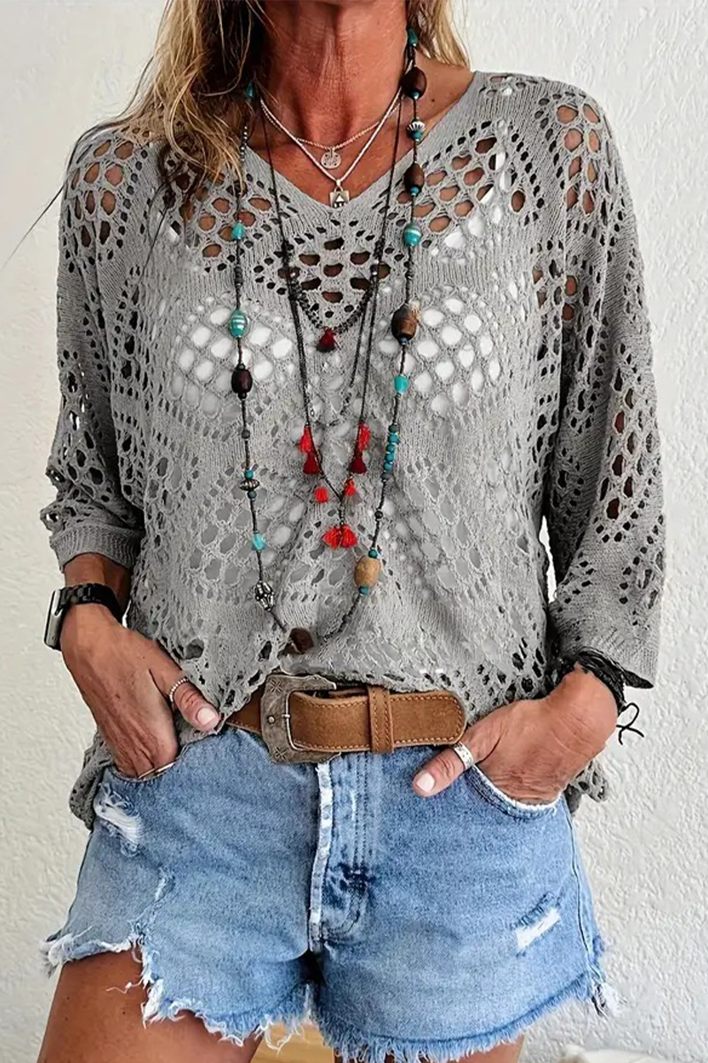 Suéteres casuales de cuello en V calados de color sólido para uso diario (5 colores)