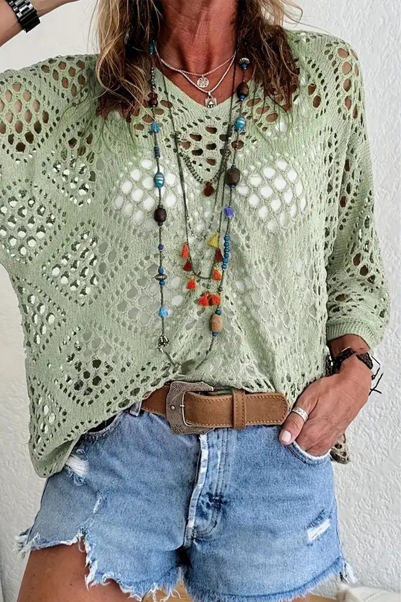 Suéteres casuales de cuello en V calados de color sólido para uso diario (5 colores)