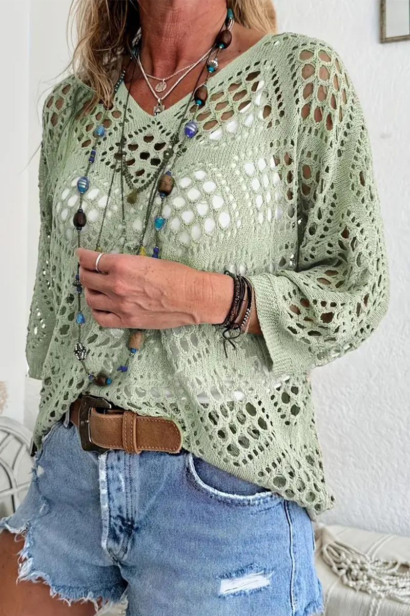 Suéteres casuales de cuello en V calados de color sólido para uso diario (5 colores)