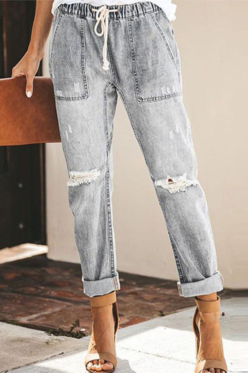Casual Street Solid Color Ripped Draw String Pocket Denim Jeans(4 Colors)